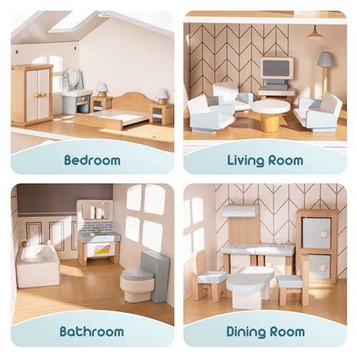 ROBUD Wooden Dollhouse Furniture Set, 23 Pcs Dollhouse Accessories