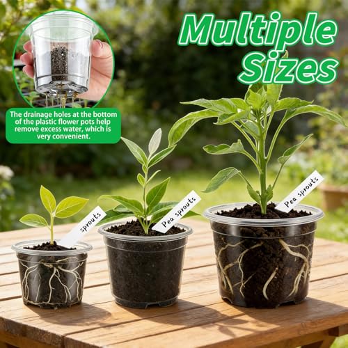 VOKOY 42 Pack 4/3/2.75 Inch Clear Nursery Pots with 50 Plant Labels, Clear Plant Pots with Drainage Hole Plastic Transparent Variety Pack Garden Flower Seedling Pots Small Planter Containers - size: 4/3/2.75 Inch - 42pcs