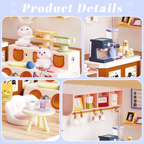 Cat Cafe Miniature House Kit with LED Light, DIY Mini Dollhouse with Roof & Dust Covers for Mini Figures Tiny House Toy for Adults Kids Girls - color: Cat Cafe