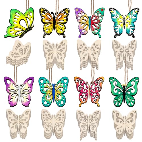 80PCS Unfinished Ornament Wood Crafts, Painting Blank Wooden Cutouts - color: Butterfly