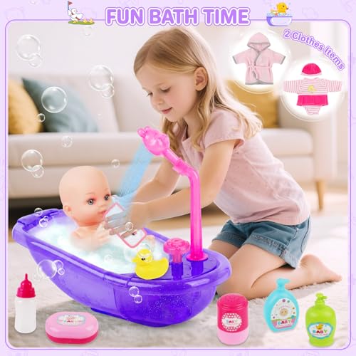 deAO 12" Baby Doll Bath Playset Functional Bathtub Detachable Shower - color: Purple