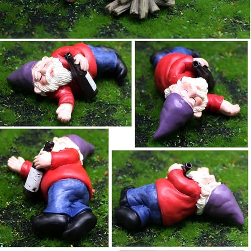 Set of 4 Mini Garden Gnomes with Campfire - 3 Drunk Gnome Figurines and 1 Campfire for Fairy Garden Decor, Plant Pot Decorations, Dashboard Ornaments, and Outdoor Spaces - style: Gnome Set of 4