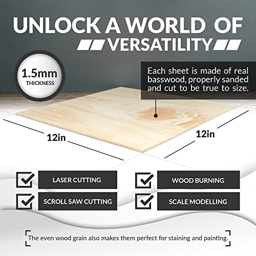Basswood Sheets for Crafts - 10 Pack - 12 x 12 x 1/16 Inch - 1.5mm Thick Plywood Sheets with Smooth Surfaces - Bass Wood for Laser Cutting, Wood Burning, Architectural Models, Staining, Drawing - color: Basswood Pack of 10