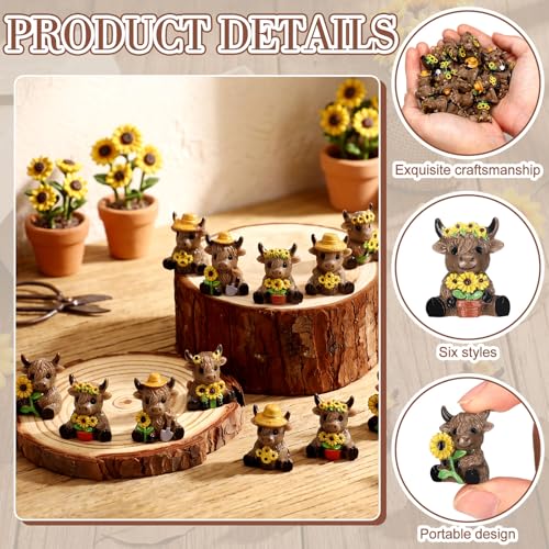 Yaomiao 60 Pcs Mini Fall Highland Cow Figurines Mini Sunflower Resin Cow - style: Sunflower