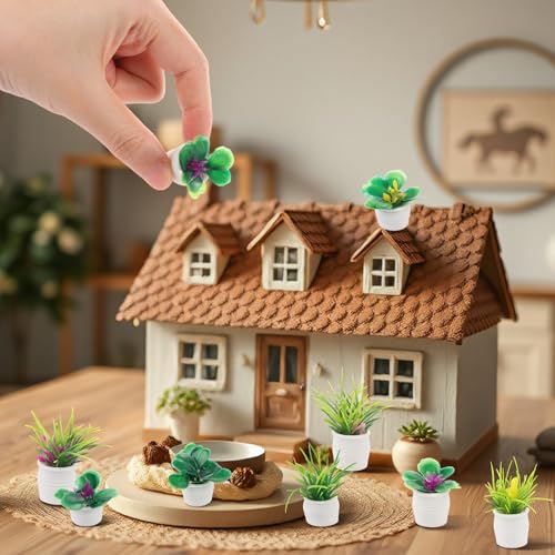 16pcs Miniature Garden Plant Set White Potted Plants Tiny Flower Vase Bouquet Fairy Accessories Mini Artificial Plant Pots Floral Figurines