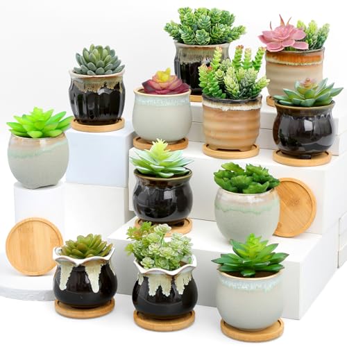 Remerry 12 Pcs Ceramic Succulent Pots with Drainage 3.5 Inch Bamboo Tray - size: 3.5 Inch