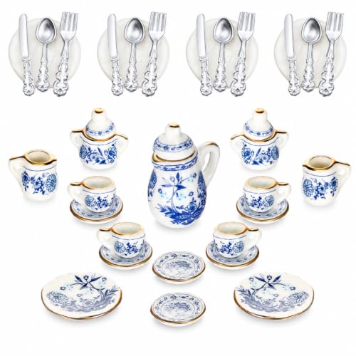 41 Pcs 1:12 Scale Miniature Tea Set Dollhouse Accessories, Porcelain Tea Cup Mini Plate Knife Fork Spoon Resin Dessert, Kitchen Dishes for Doll House Decor