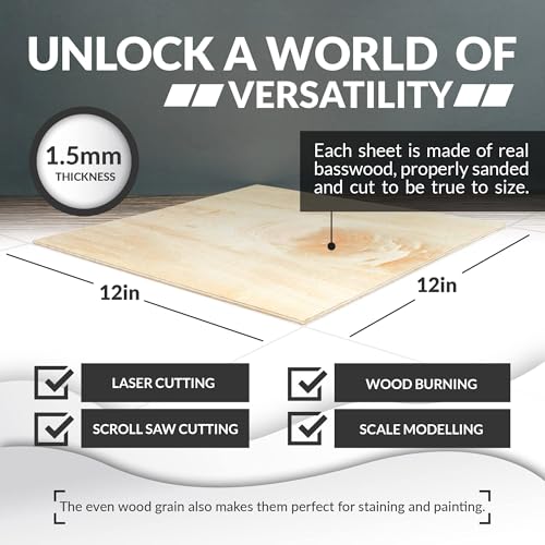 Basswood Sheets for Crafts - 5 Pack - 12 x 12 x 1/16 Inch - 1.5mm Thick Plywood Sheets with Smooth Surfaces - Bass Wood for Laser Cutting, Wood Burning, Architectural Models, Staining, Drawing - color: Basswood Pack of 5