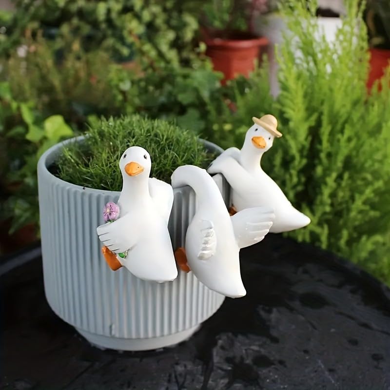 3 PCS White Goose Statues Pot Hugger Decorations for Plant, Miniature Duck Garden Decor Outdoor Women Gifts Figurines Plant Hangers Decor for Flower,Yard,Lawn Ornaments (White) - color: White