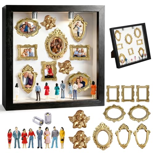 DIY Mini Museum Silhouette Box, Shadow Box Frame Kit with Gold Miniature Frames、Angel & Figurines, Custom Photo Family Memory Display Case Frame Set, for Anniversary, Wedding, Birthday & Home Decor