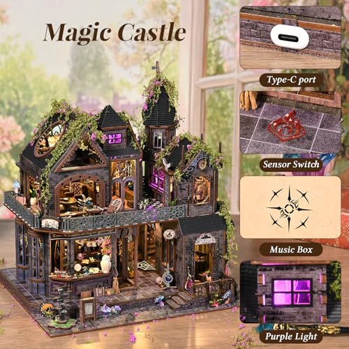 DIY Miniature House Kit, Dollhouse Magic City Gothic Witch House for Adults to Build, Birthday/Christmas Day Gift for Family and Friends, Prefab Tiny Home with LED Lights,Magic Castle - color: Magic Castle
