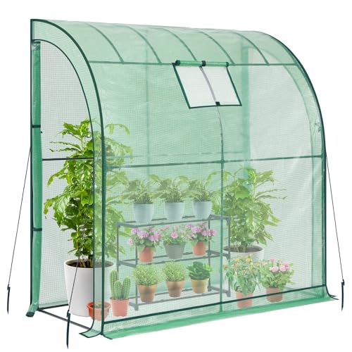 Lean-to Greenhouse with 3-Tier Shelves: Ohuhu Portable Walk-in Wall Mounted Green House with Mesh Windows, 79"x39"x83" Large Greenhouses with 2 Roll-Up Zipper Doors Reinforced Structure for Outdoors - color: Green, size: 6.6' x 3.3' x 7'