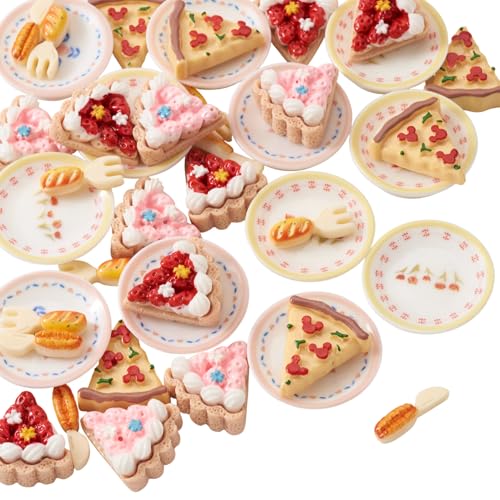 FASHEWELRY 42Pcs Cake Tableware Dollhouse Miniature Accessories Kitchen Tableware Display Ornament Resin Imitation Food Dessert Plate Fork Knife Cabochons for Garden Home Party Landscape Decoration - color: Cake & Tableware