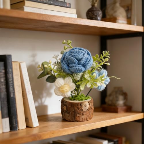 Crochet Blue Rose Flowers Bouquet for Women Office Desk Decor - color: Blue Rose