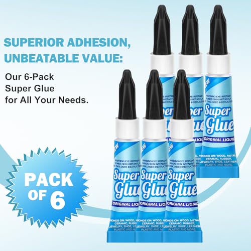 Super Glue Liquid Clear 3 Gram (Pack of 6) for Plastic Metal & Wood – Instant CA Adhesive All Purpose Multipack, Crazy Glue for Ceramic 3D Printing Shoe Crafts, Strong Bonding Single Use Minis - size: 6 x 3G