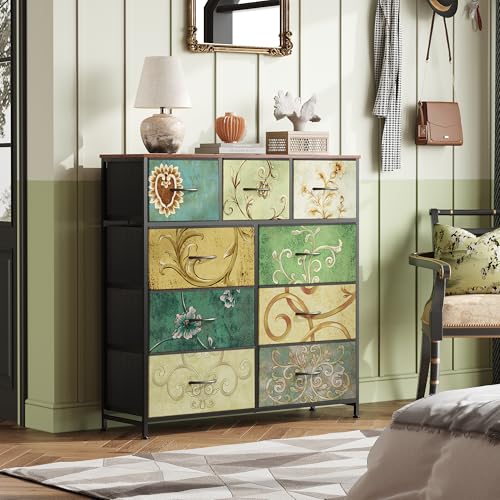WLIVE Tall Dresser for Bedroom, 9 Drawer Chest of Drawers, Floral - color: Floral Painted