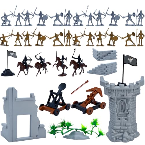 ONEST 42 Pieces Mini Medieval Knights Soldier Army Figures Horses and Soldiers Figurines Cupcake Topper Party Table Decorations - style: 42 Pieces