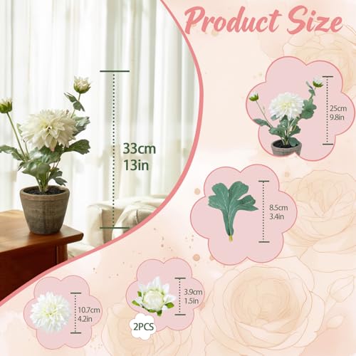 White Artificial Dahlia Flowers in Pot, Faux Floral Decor - color: Dahlia White