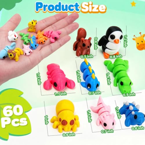 60Pcs 3D Printed Animals Set for Kids, Mini Little Animals Figures for Party Favors Gifts Pocket Fidget Toys Bulk, Goodie Bag Stuffers Classroom Birthdays Rewards for Toddlers Desk Office Pet Decor - color: Colorful 60pc