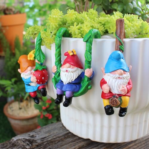 Set of 3 Cute Climbing Gnome Figurines Flower Pot Hugger, Resin Hanging Gnomes Statue Outdoor Decor Fence Ornaments for Patio Lawn Garden Yard (Swing Gnome) - color: Swing Gnome