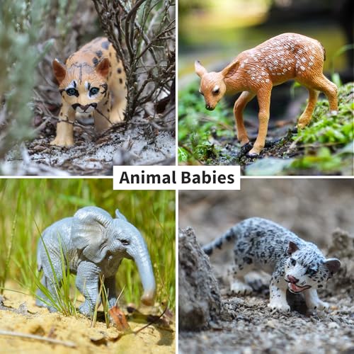Toymany 12PCS Forest Animals Baby Figurines, Realistic Woodland Animals Figures Toys Includes Elephant, Mountain Lion, Giraffe and Deer Cubs, Cake Toppers Christmas Birthday Gift for Kids - style: Baby Wild Animals