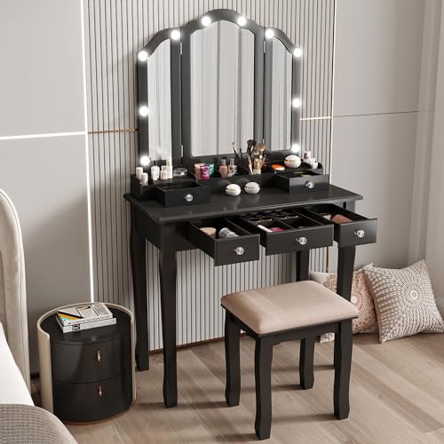 Vanity Desk with Mirror and Lights Makeup Vanity with Lights Table with Light Makeup Vanity with Drawers Black Girls Vanity Set with Mirror and Stool - style: Black