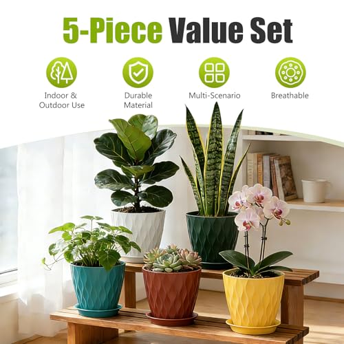 8 Inch Plastic Plant Pots,Set of 5 Flower Pots,Planters with Drainage Holes & Saucers, Indoor Outdoor Garden Pots for Home Decor(Colorful) - color: Colorful