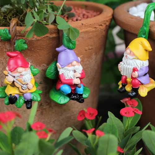 Set of 3 Cute Climbing Gnome Figurines Flower Pot Hugger, Resin Hanging Gnomes Statue Outdoor Decor Fence Ornaments for Patio Lawn Garden Yard (Music Gnome) - color: Music Gnome