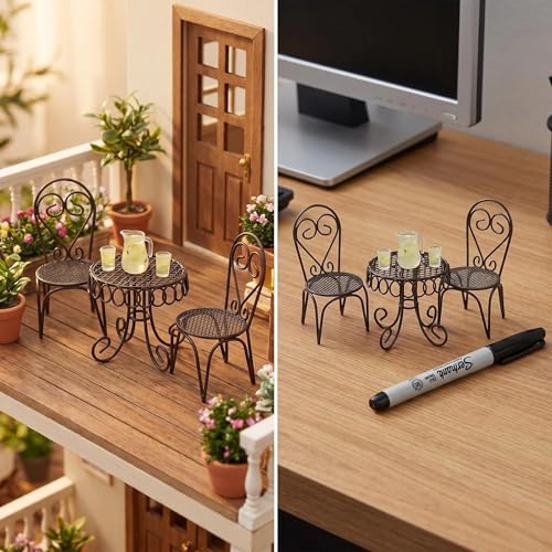 6 PCS Dollhouse Mini Bistro Table & Chairs Set with Resin Lemon Tea Set - color: Black