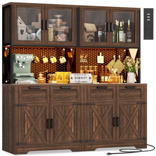 Unikito 71" Kitchen Pantry Cabinet with LED Light & Outlet, Microwave Stand - color: Weathered Brown, size: 63 Inch