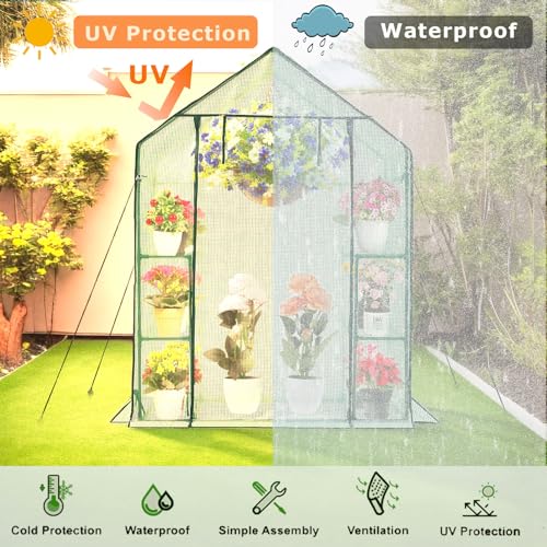Purlyu Walk-in Greenhouse for Outdoors w/ Mesh Side Windows, 3 Tiers 6 Shelves PE Cover Green House Portable Warm House for Seedling Flowers Growing 20 Pcs T-Type Plant Tags Include (GHW001G) - style: 6 shelf PE(Green)