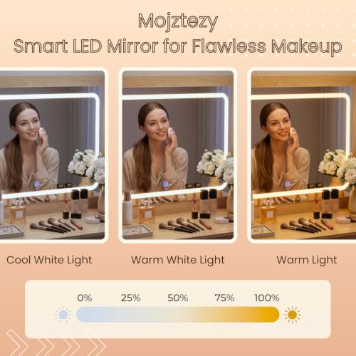 Mojztezy Modern Vanity Desk with Mirror, 4 Drawers Storage, Rotating Jewelry Organizer and USB-C Charging Station for Bedroom Dressing Room