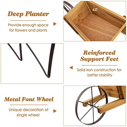 S AFSTAR Wood Wheelbarrow Planter, Flower Plant Pot Cart w/Metal Wheel & 9 Replaceable Magnet Accessories, Wooden Wagon Planter Decor for Outdoor Garden Backyard (Natural) - color: Natural