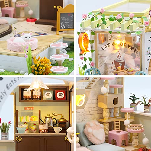GuDoQi DIY Miniature Dollhouse Kit, Tiny House Kit with Music, 1:24 Scale, Handmade Crafts Gift for Christmas Day Birthday, Lovely Cats' Coffee Shop - color: Coffee Shop