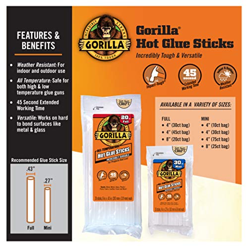 Gorilla Hot Glue Sticks, Clear, Mini Size, 75 Count, 4" Long x 0.27"
