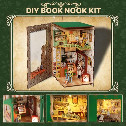 Book Nook Kit,DIY Miniature House Kit for Adults, Teens and Beginners, Dollhouse Booknook Cat Cafe Tiny House Bookshelf Decor 3D Wooden Puzzle, Gifts for Family, Friends - color: Cat Cafe