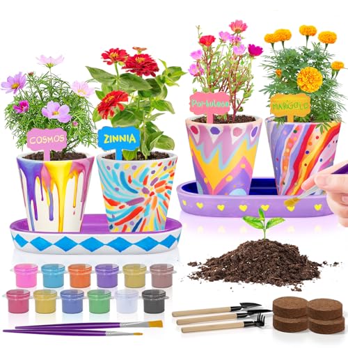 Tekoly 4 Set Paint & Plant Flower Gardening Kit, Gifts for Girls Ages 8-12