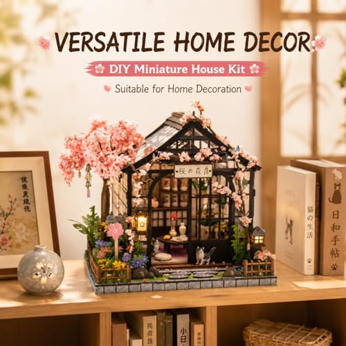 Roroom DIY Miniature House Kit, Dollhouse Kit with Dust Cover & LED Lights - color: Spring Sakura Greenhouse