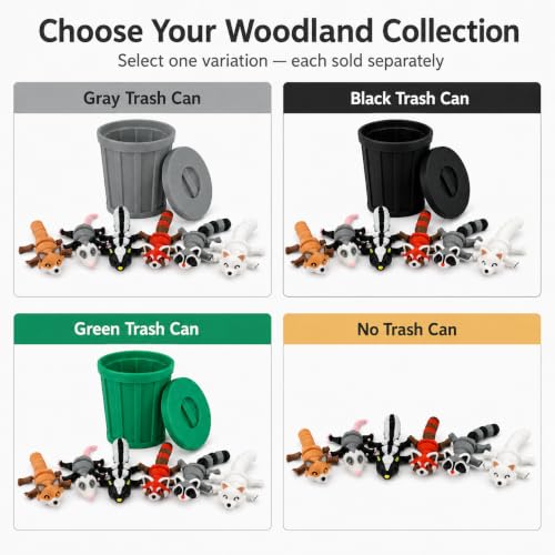 3D-Printed Woodland Animal Figurines, 8-Piece Articulated Raccoon, Fox, Skunk, Opossum, Red Panda and Arctic Fox Set with Gray Trash Can - color: Gray
