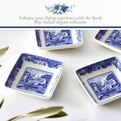 Spode Blue Italian Square Sauce Dishes - Set of 4, 3-Inch Porcelain Mini Serving Bowls with Intricate Scroll Border & Scenic Motif - Decorative Tableware for Condiments & Appetizers