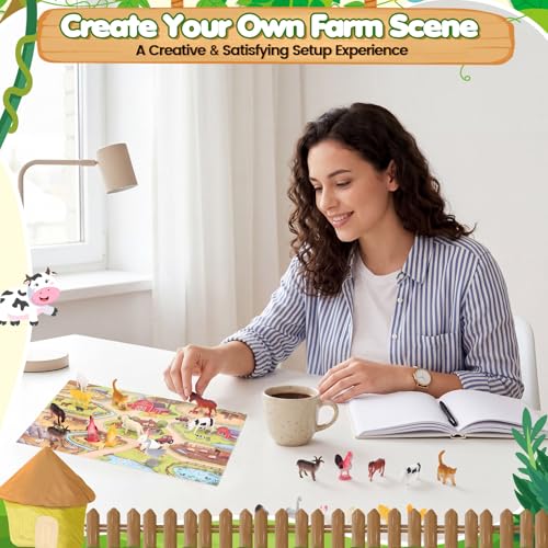 Teyva 156 Pcs Mini Farm Animal Figurines with Foldable Farm Background Card