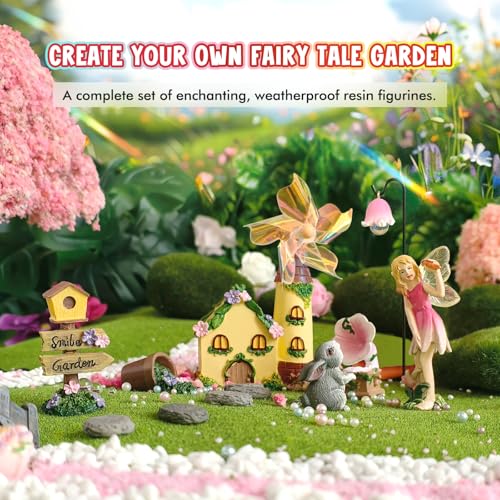 DONABELA Fairy Garden Kit Pink Mini Windmill House Decor Set Rabbit Flower Pot Supplies Signpost CD Player Resin Figurines Accessories Gift Indoor Outdoor Yard - style: Windmill house