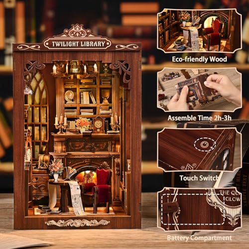 Library Book Nook Kit, DIY Miniature House Kit with LED, Vintage Study Bookshelf Decor, 3D Wooden Puzzle Craft, Gifts for Readers, Adults, Teens, Beginners (Twilight Library) - style: Twilight Library