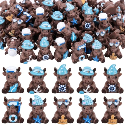 Yaomiao 60 Pcs Mini Coastal Highland Cow Figurines Bulk Resin Cow Statues - style: Summer Nautical