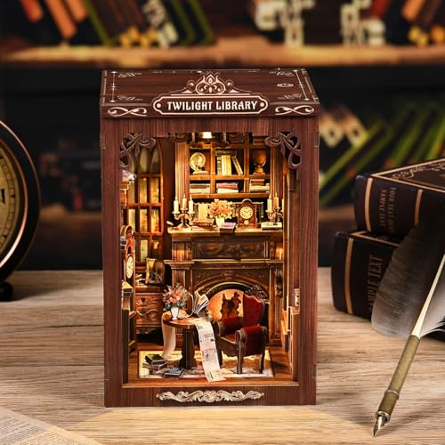 Library Book Nook Kit, DIY Miniature House Kit with LED, Vintage Study Bookshelf Decor, 3D Wooden Puzzle Craft, Gifts for Readers, Adults, Teens, Beginners (Twilight Library) - style: Twilight Library