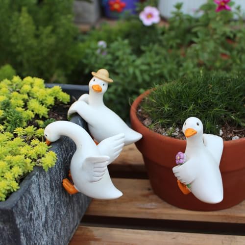 Set of 3 Cute Climbing Duck Garden Statues Flower Pot Hugger, Funny Resin Hanging Goose Figurines Outdoor Planter Pot Decorations for Home Patio Lawn Yard Ornaments