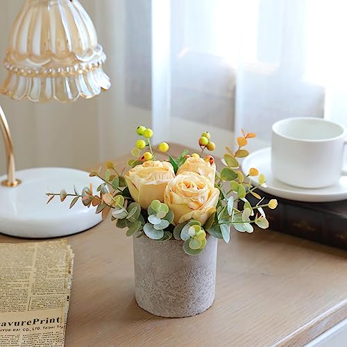 Artificial Burnt Yellow Rose Potted Plant, Mini Faux Floral Decor - color: Burnt Yellow