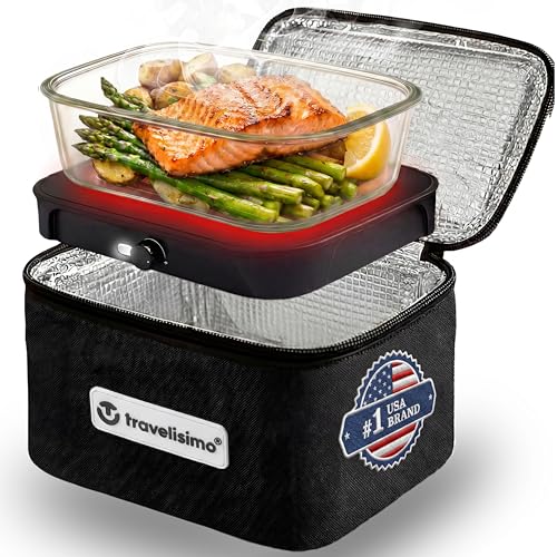 TRAVELISIMO Portable Microwave, Portable Food Warmer For Work & Home Use, Heated Lunch Box 12V/24V/110V, Mini Portable Oven 3-in-1 Food Heater, Electric Lunch Box, Calentador de Comida Portatil - color: Black