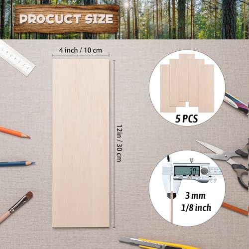 Balsa Wood Sheets 1/8" Thin, 12" x 4" Wooden Boards Wood Planks for Crafts, 5 PCS Unfinished Wooden Pieces Lumber for Crafting, Modeling, Hobbies, Laser, Glider Airplanes - size: 12″x4″x1/8″ - 5PCS