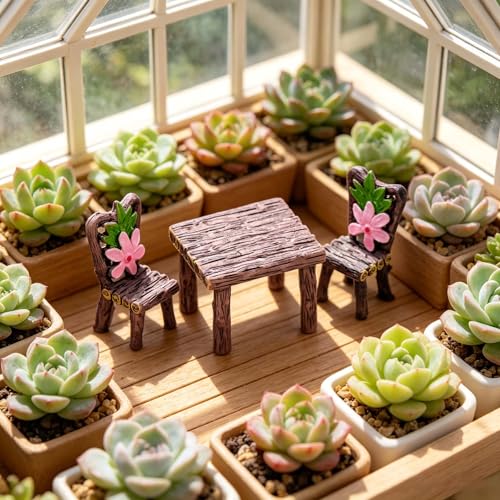Miniature Table and Chair Decorative Set Rustic Style Square Table with Two Chairs for Garden Patio Arrangement Outdoor Landscape Accent and Yard Display Decoration